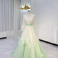 Light Green Gradient V-Neck Waist-Cinched Fitted Elegant Long Evening Dress, Fairy Gown, Romantic Gown gh7402
