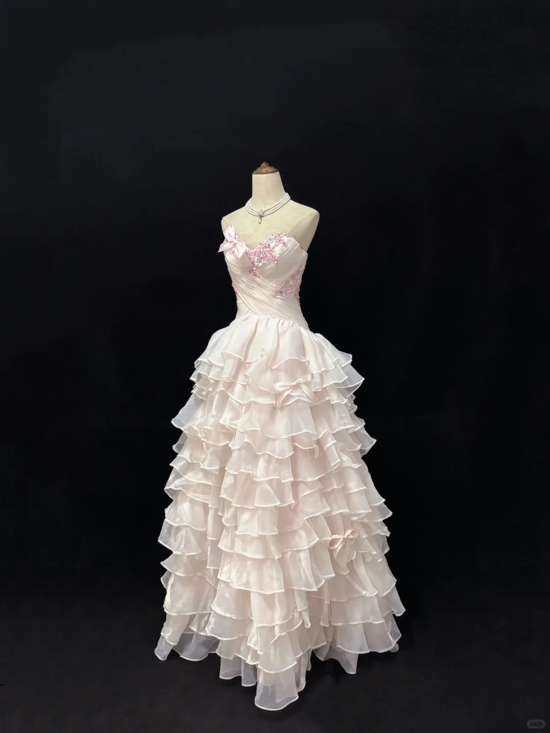 Blush Pink Strapless Cinched Waist Voluminous Tiered Skirt Long Romantic Dress, Wedding Gown gh7974