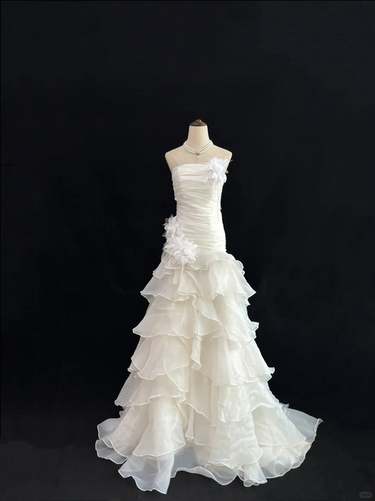Off White Strapless Cinched Waist Slim Fit Pleated Long Elegant Romantic Dress, Wedding Gown gh8020