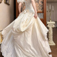 Cream Vintage Satin Ball Gown, Sweetheart Neck Puff Short Sleeves With 3D Floral Accents, Heavy Lace Beaded Appliqué Pointed Waist, Voluminous Full Skirt With Scalloped Lace Hem, Wedding Prom Dress gh8637