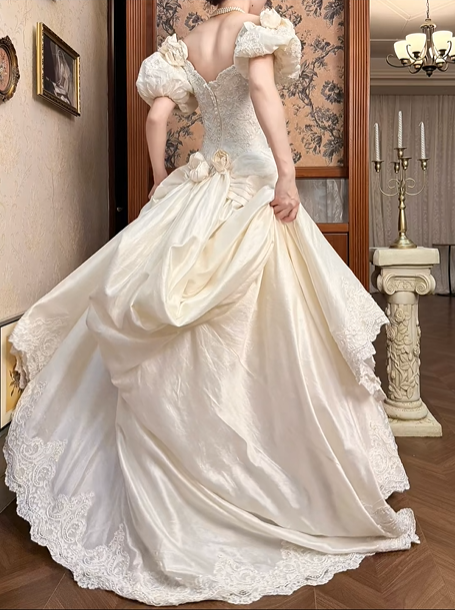 Cream Vintage Satin Ball Gown, Sweetheart Neck Puff Short Sleeves With 3D Floral Accents, Heavy Lace Beaded Appliqué Pointed Waist, Voluminous Full Skirt With Scalloped Lace Hem, Wedding Prom Dress gh8637