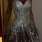 Girlhomeshops – Silbernes, wunderschönes, exquisites, kurzes Heimkehrkleid mit Perlen, Cocktailpartykleid gh5452