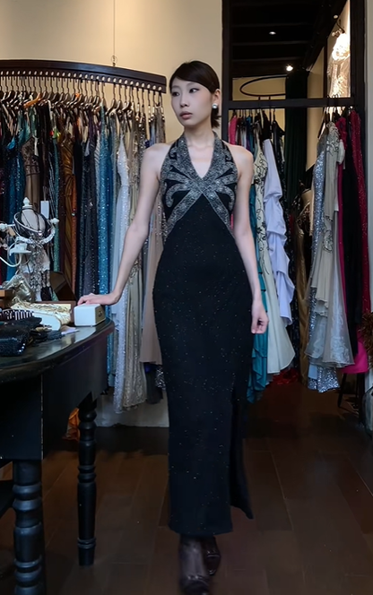 Halter Black Evening Gown Silver Cross Hand Beaded Bodice Fitted Side Slit Vintage Gatsby Long Prom Dress gh9705