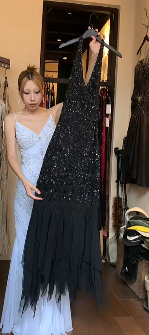 Halter Black Prom Dress Deep V All Over Sequin Beading Asymmetrical Ruffle Tulle Mermaid Evening Gown gh9831