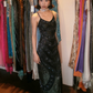 Black Spaghetti Straps V Neck Vintage Floral Pattern Beaded Sequin Fitted Long Evening Prom Dress gh9762