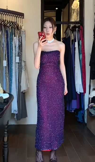Strapless Ombre Purple Blue Fully Sequin Fitted Sheath Long Evening Prom Dress gh9769