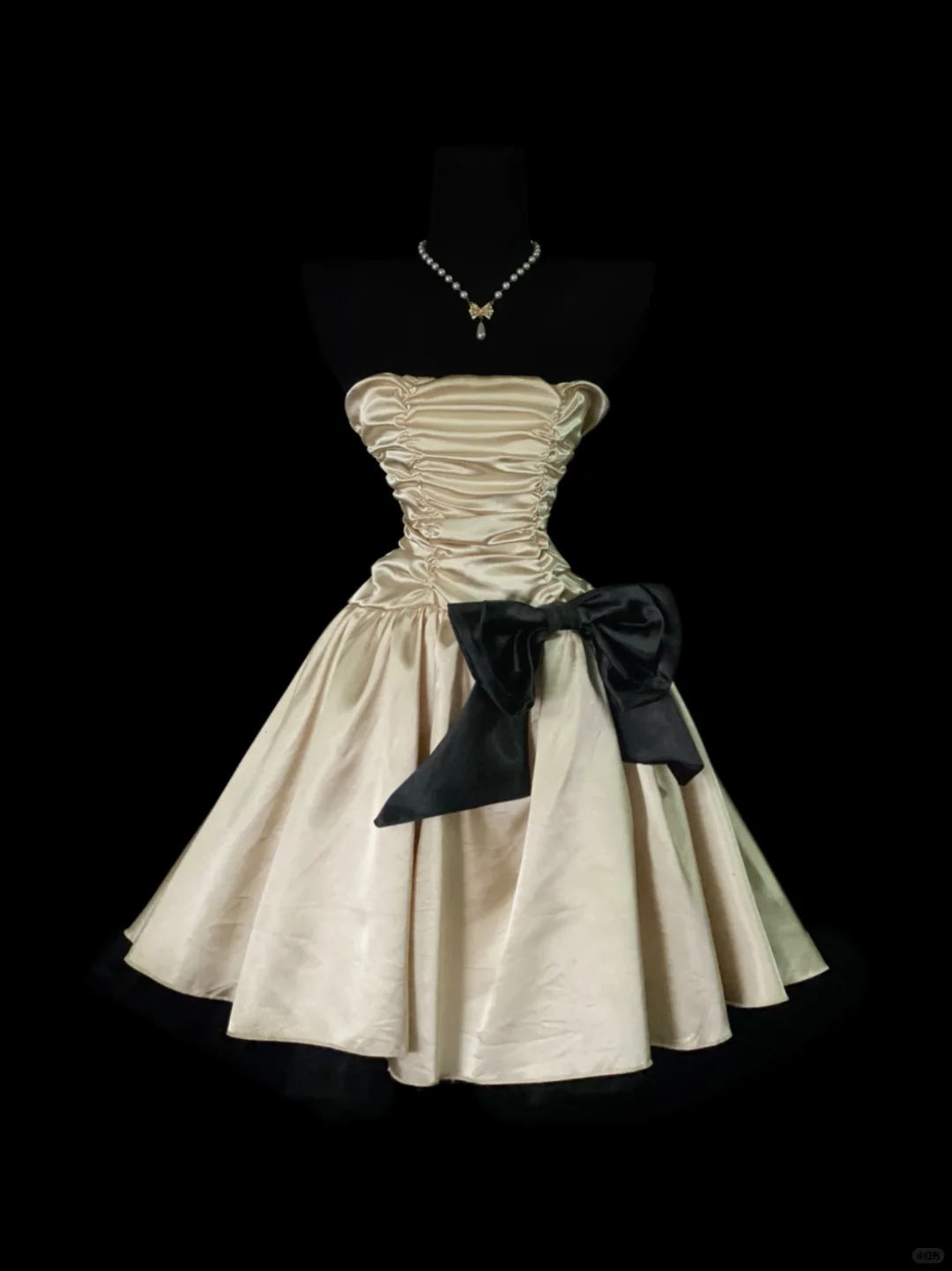 Champagne Satin Strapless Vintage Midi Prom Gown, Ruched Bodice, Large Side Black Satin Bow, High Fitted Waist, A‑Line Full Midi Skirt, Black Tulle Lining, Retro Cocktail Party Dress gh8876