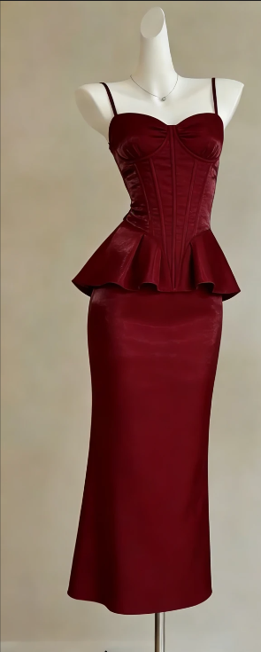 Spaghetti Strap Burgundy Satin Evening Gown Sweetheart Corset Peplum Midi Formal Dress gh9469