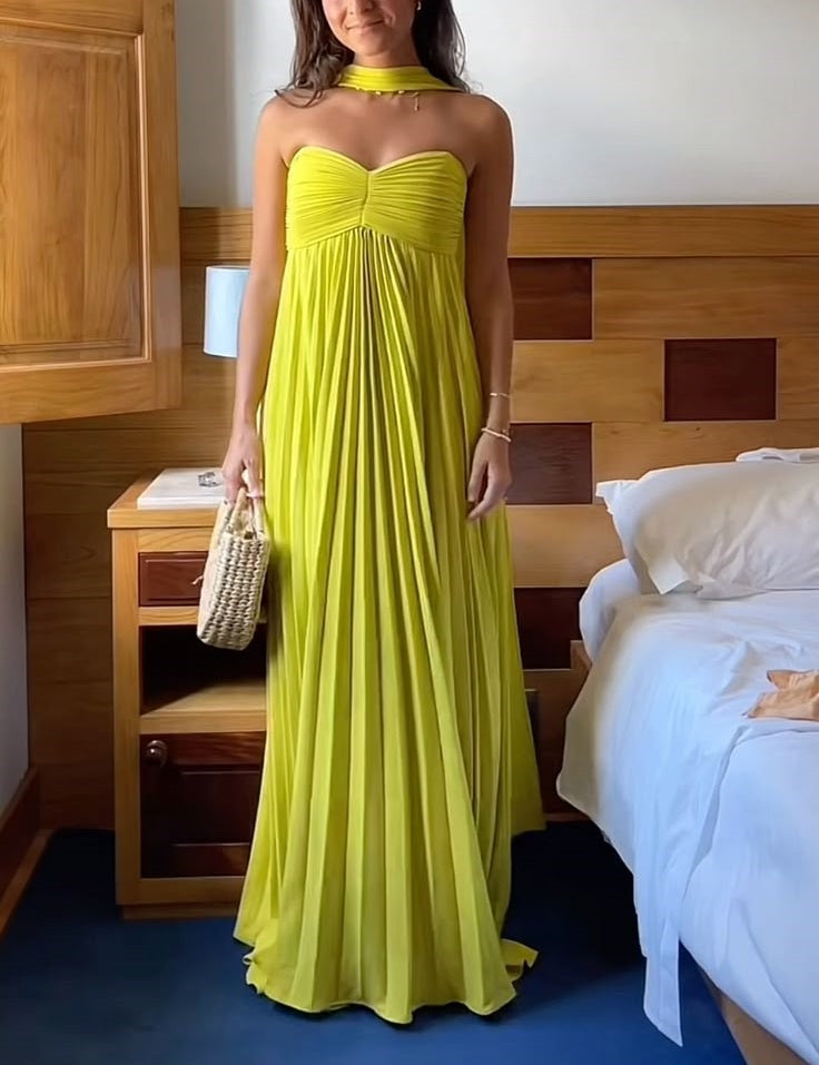 Gelbes, elegantes, langes Chiffon-Ballkleid, Abendkleid für Hochzeitsgäste, Partykleid gh3430