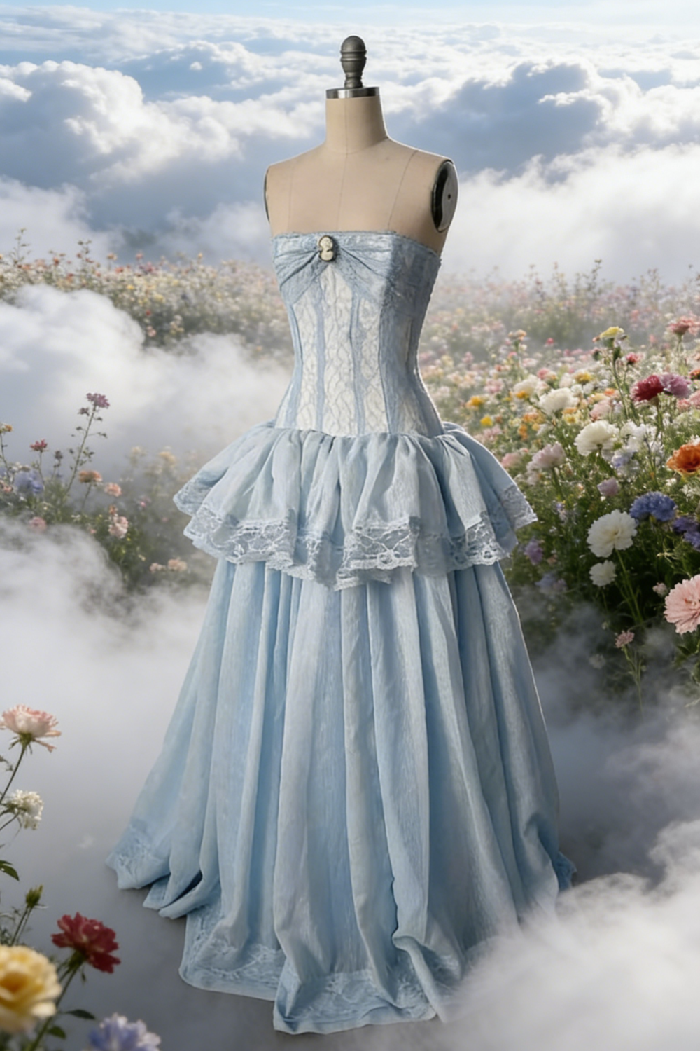 Hellblaues, trägerloses Spitzenkleid mit Rüschenschleppe – Abendkleid im Vintage-Rokoko-Stil gh6957
