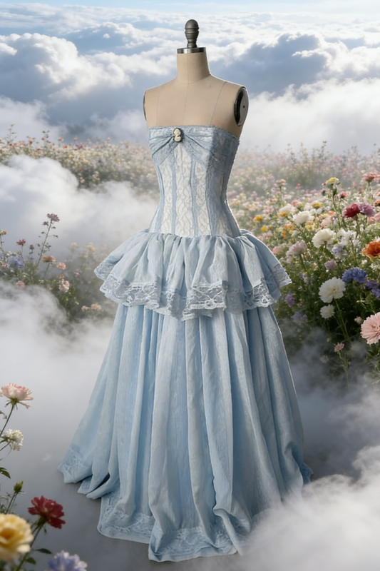 Robe de soirée bustier en dentelle bleu clair avec traîne à volants - Style rococo vintage gh6957