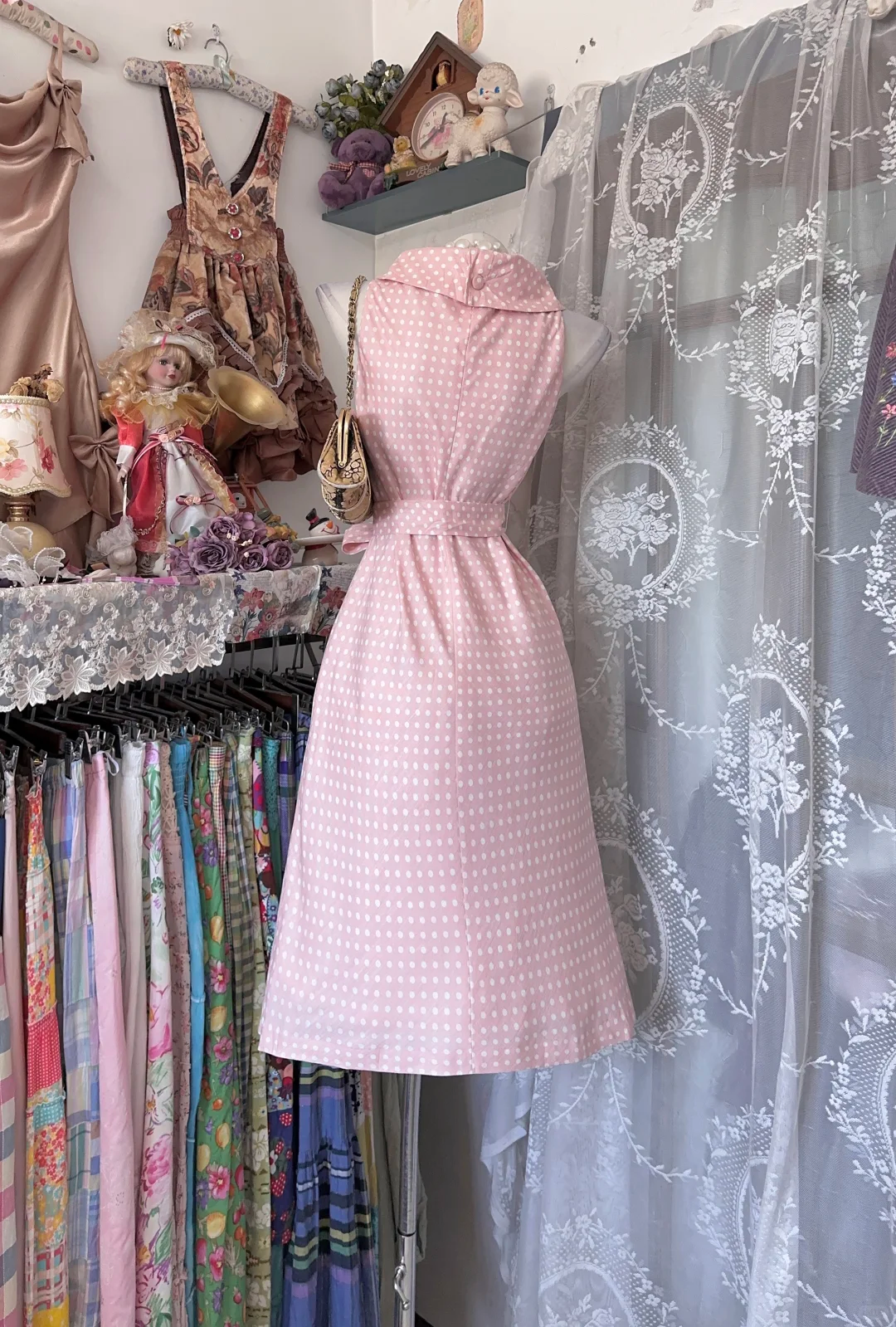 Elegant Vintage Pink Base White Polka Dot Sleeveless Fitted Waist Prom & Evening Party Dress gh8484