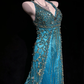 ✨Girlhomeshops-Peacock Blue Halter Beaded Rhinestone Tulle Evening Gown gh10282