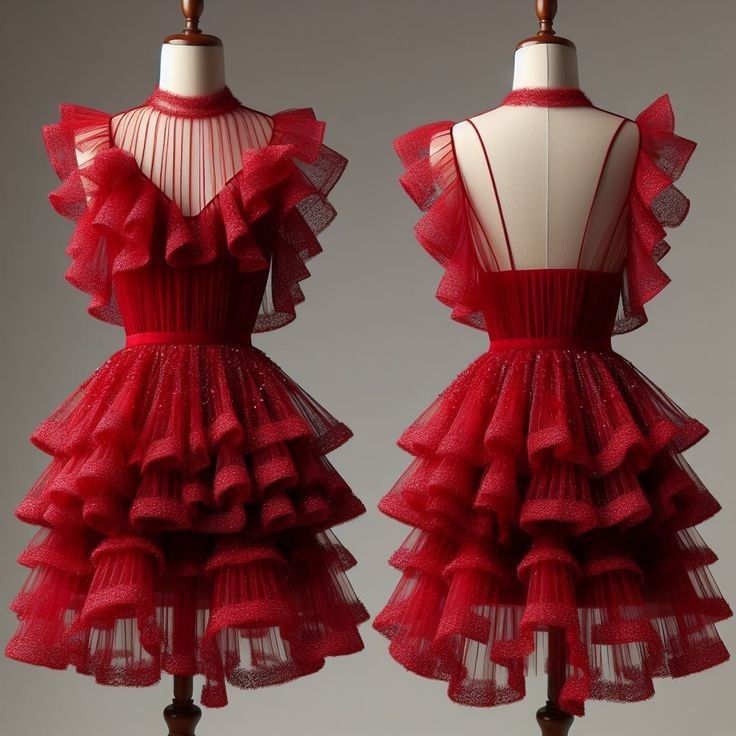 Robe de soirée courte en tulle à volants, élégante et brillante, rouge, gh4920
