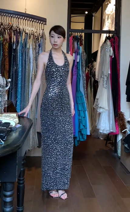 Halter Black Silver Evening Gown Full Hand Beaded Sequin Fitted Column Long Prom Dress gh9711