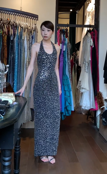 Halter Black Silver Evening Gown Full Hand Beaded Sequin Fitted Column Long Prom Dress gh9711