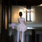 Pink Square Neck Satin Homecoming Dress Lace Mini Prom Gown With Detachable Train gh9409