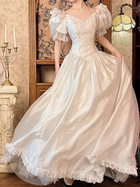 Off‑White Puff Sleeve Vintage Fitted Waist Full Flared Skirt Prom Gown, Wedding Dress gh8593