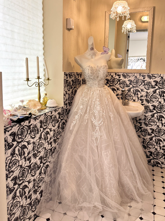 Ivory Strapless Sequin Waist-Cinched Voluminous Skirt Romantic Dress, Wedding Gown gh7704