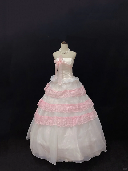 Blush Pink Strapless Romantic Designer Gown, Cinched Waist, Voluminous Skirt Trimmed With Light Pink Lace, Wedding Dress & Bridal Gown gh8155