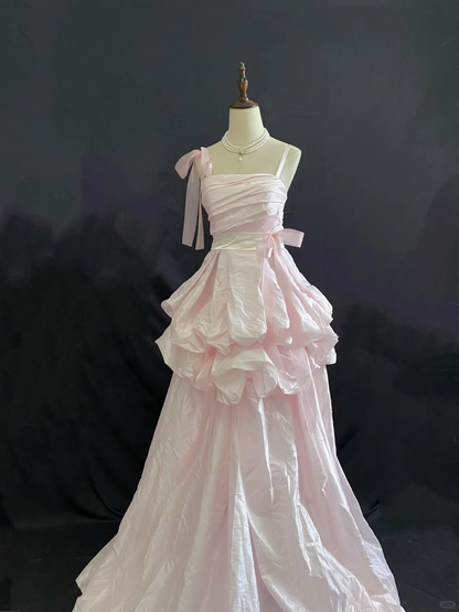 Blush pink spaghetti strap long romantic gown with fitted waist and fluffy skirt, wedding dress & bridal gown gh8240