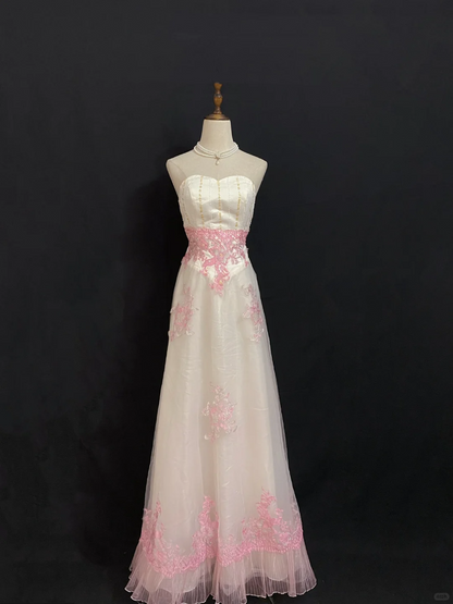 Blush Pink Strapless Long Vintage Romantic Gown, Slim Cinched Waist, Embroidered Skirt, Wedding Dress & Bridal Gown gh8286
