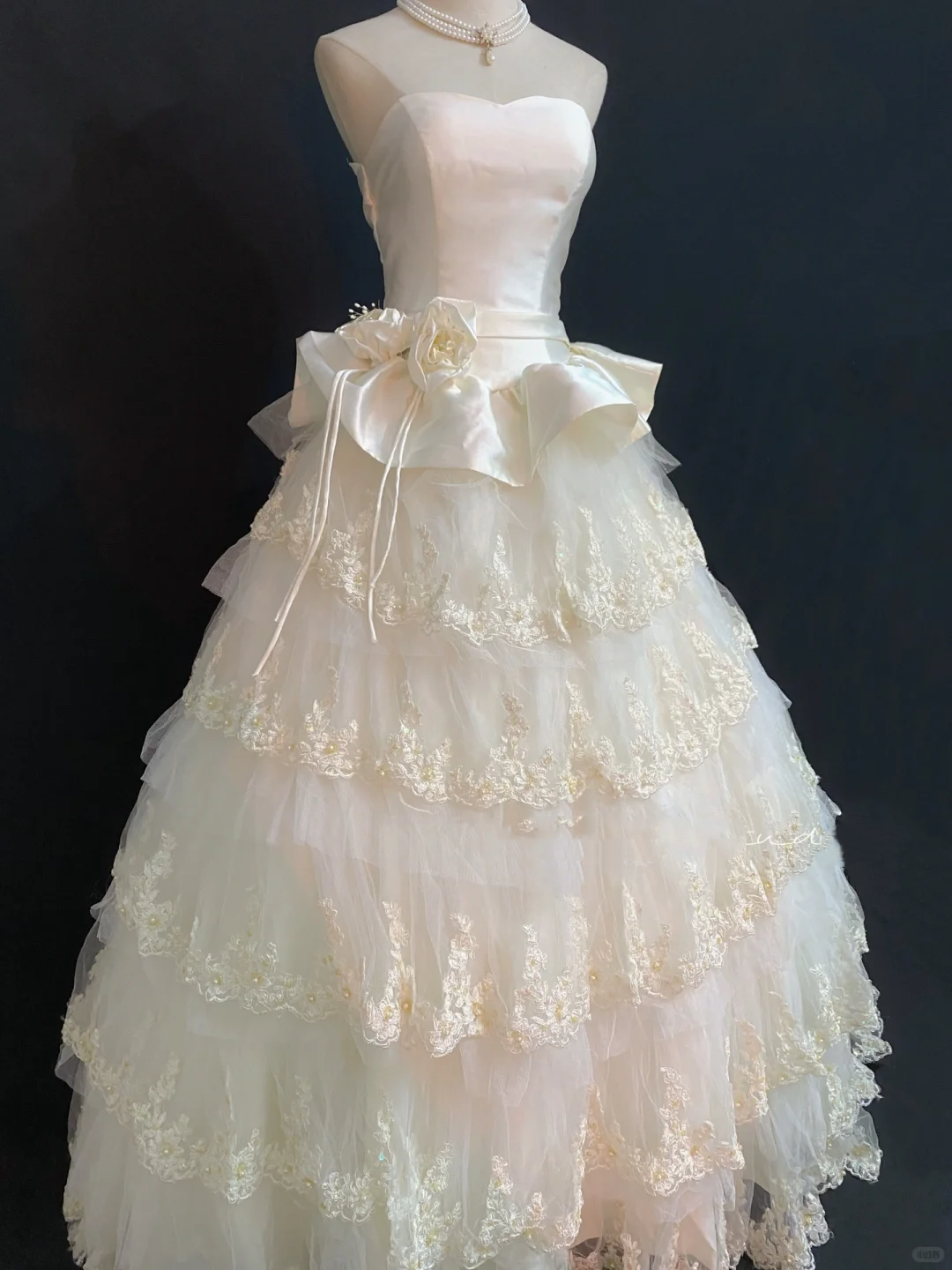 Light Champagne Strapless Long Romantic Gown with Fitted Waist and Fluffy Tiered Cake Skirt, Wedding Dress & Bridal Gown gh8336