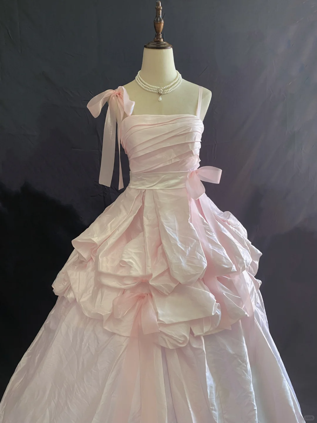 Blush pink spaghetti strap long romantic gown with fitted waist and fluffy skirt, wedding dress & bridal gown gh8240