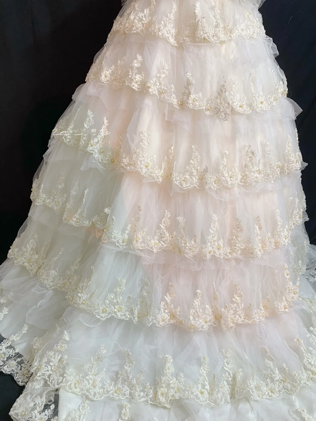 Light Champagne Strapless Long Romantic Gown with Fitted Waist and Fluffy Tiered Cake Skirt, Wedding Dress & Bridal Gown gh8336