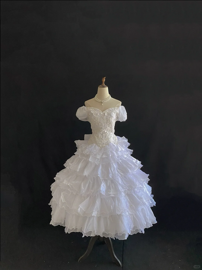 Off-White Off Shoulder Romantic Gown, Cinched Waist, Voluminous Tiered Skirt, Wedding Gown gh8110