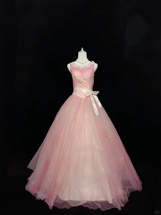 Blush Pink Sleeveless Cinched Waist Voluminous Full Swing Skirt Long Romantic Dress, Wedding Gown gh8021