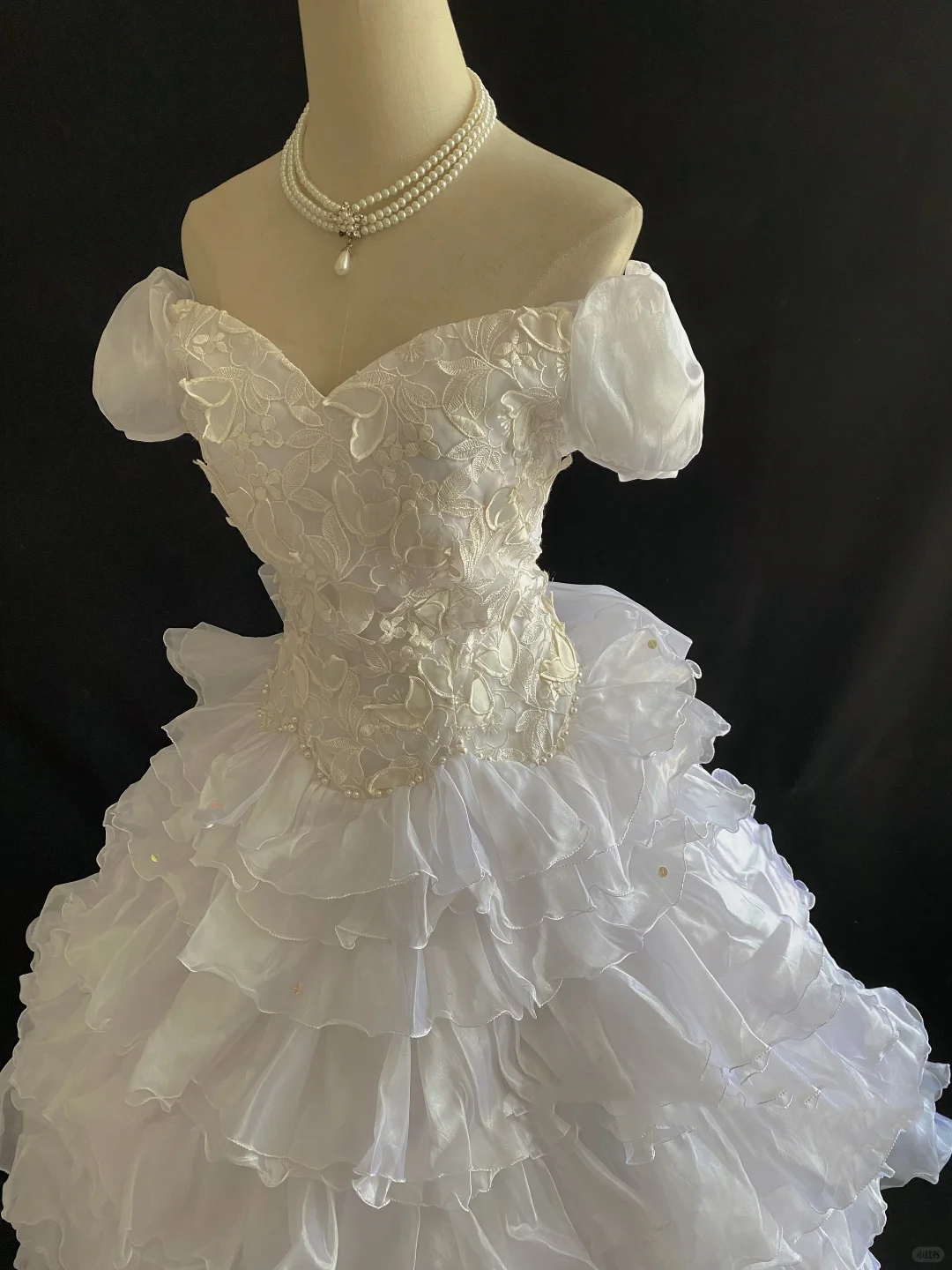 Off-White Off Shoulder Romantic Gown, Cinched Waist, Voluminous Tiered Skirt, Wedding Gown gh8110