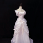 Blush Pink Off-the-Shoulder Long Romantic Gown, Fitted Waist, Vintage Elegant Skirt, Wedding Dress & Bridal Gown gh8195