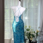 Turquoise Thin Halter Strap Sequin Midi Bodycon Evening Dress, Party Prom Gown gh9513