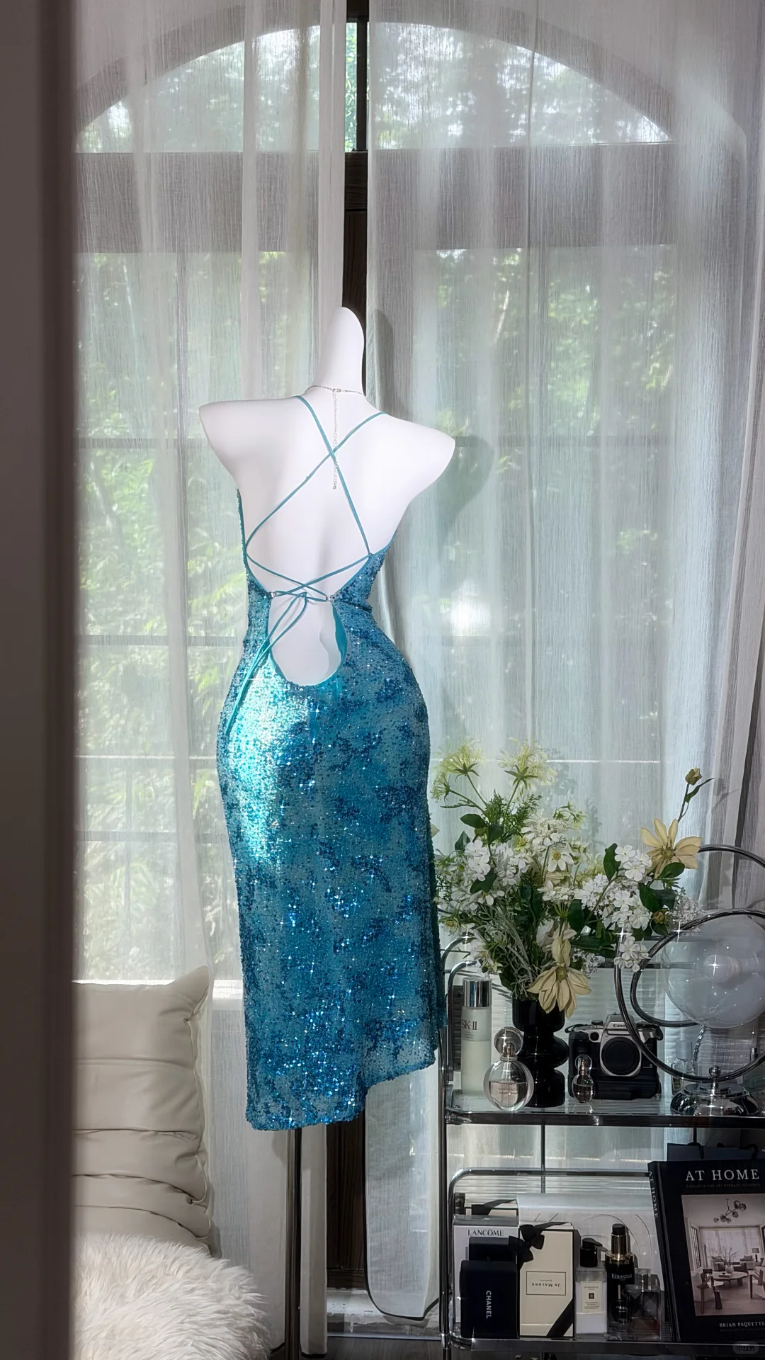 Turquoise Thin Halter Strap Sequin Midi Bodycon Evening Dress, Party Prom Gown gh9513