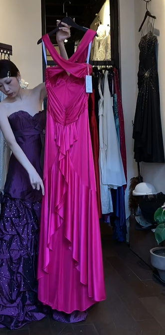 Fuchsia Halter V Neck Draped Ruched Satin A Line Long Evening Prom Dress gh9760
