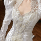 White Vintage Satin Wedding Gown, Lace Petal V‑Stand Collar, Leg‑of‑Mutton Puff Long Sleeves, Boned Bodice With Heavy Lace Appliqués, Flowing Satin Long Train with Scalloped Lace Hem, Prom Dress gh8657