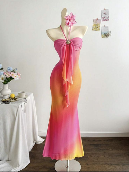 Pink Yellow Gradient Halter Neck Waist-Cinched Bodycon Sexy Evening Dress, Fairy Gown, Romantic Gown gh7441