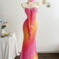 Pink Yellow Gradient Halter Neck Waist-Cinched Bodycon Sexy Evening Dress, Fairy Gown, Romantic Gown gh7441