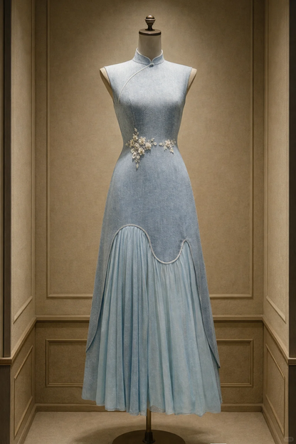 ✨Girlhomeshops-Light Blue Sleeveless Modified Qipao with 3D Flower and Pleated Tulle gh10510
