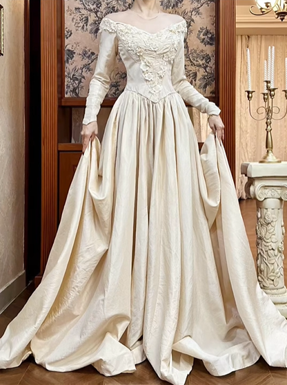 Light Champagne Apricot Vintage Off‑the‑Shoulder V‑Neck 3D Floral Lace Long Satin Sleeve Fitted Waist Full Flared Train Long Prom Gown, Wedding Dress gh8613