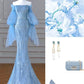 Blue luxurious gorgeous shiny exquisite beads elegant long sequined tulle long sleeve mermaid slim ball gown evening dress gh3388