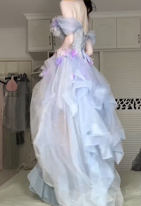 Lavender‑Blue Ombre Off‑Shoulder High‑Low Evening Gown, Lace Corset 3D Floral Tulle Prom Dress gh9052