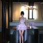 Pink Square Neck Satin Homecoming Dress Lace Mini Prom Gown With Detachable Train gh9409