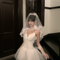 Women Pure White Spaghetti Strap Homecoming Dress V Neck Lace Bow Detachable Long Sleeve Boned Waist Fluffy Tulle Short Prom Gown gh9442