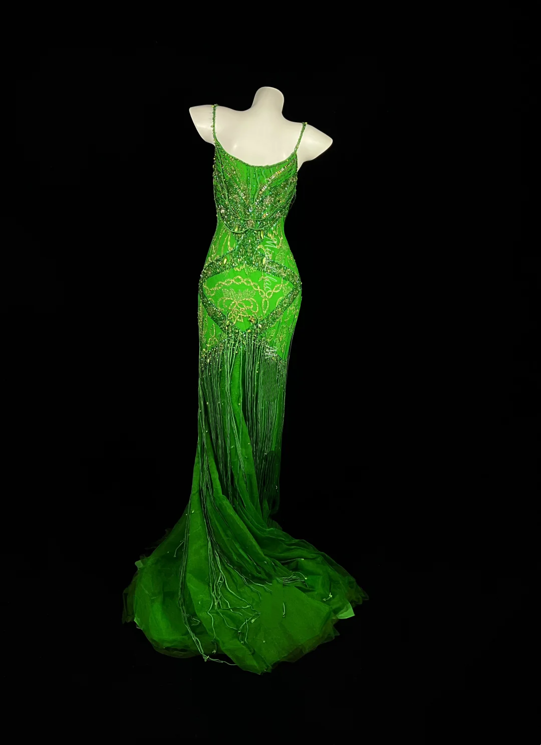 Green Spaghetti Strap Beaded Sequin Waist-Cinched Slim Long Evening Gown for Parties & Balls gh7152