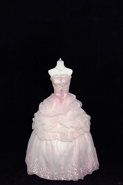 Blush Pink Strapless Embroidered Vintage Cinched Waist Voluminous Princess Skirt Romantic Dress, Wedding Gown gh8072