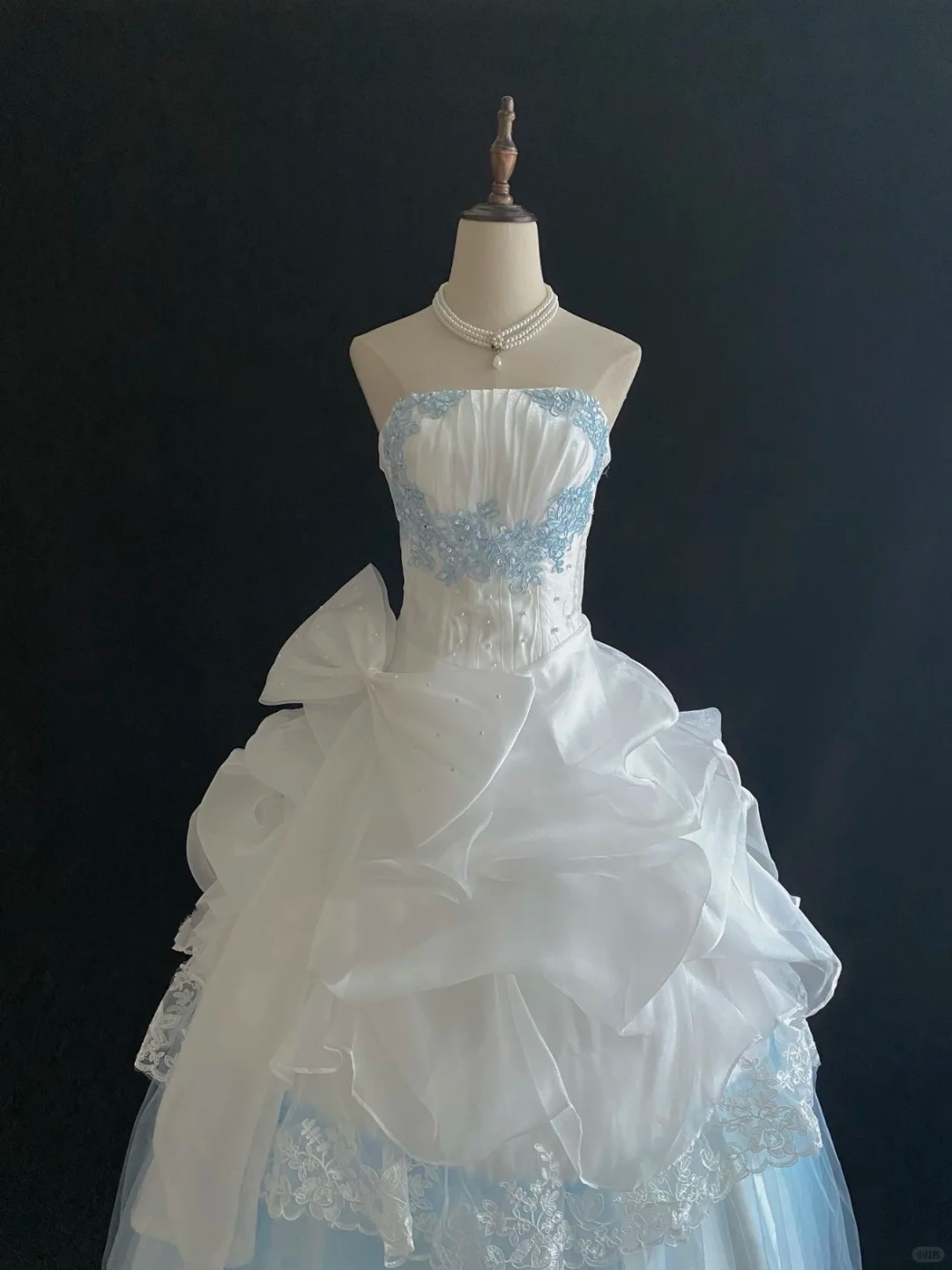 Light Blue & White Strapless Cinched Waist Voluminous Princess Skirt Long Romantic Dress, Wedding Gown gh7850