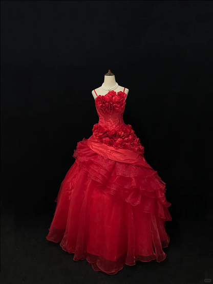 Red Spaghetti Strap Long Romantic Gown, Cinched Waist, Voluminous Vintage Luxury Skirt, Wedding Gown gh8111