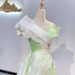 Light Green and White Color Block Waist-Cinched Fitted Elegant Long Evening Dress, Fairy Gown, Romantic Gown gh7404